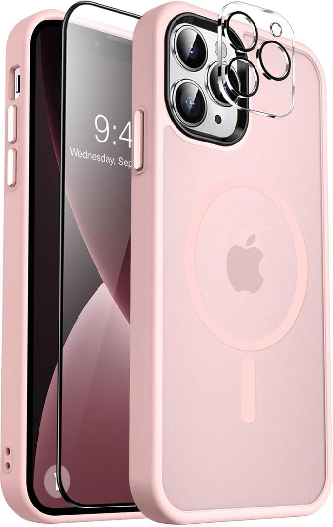 MOCCA Strong Magnetic for iPhone 13 Pro Max Case,[Compatible with Magsafe][Glass Screen Protector+Camera Lens Protector] Slim Thin Shockproof Cover Phone Case for iPhone 13 Pro Max 6.7", Pink