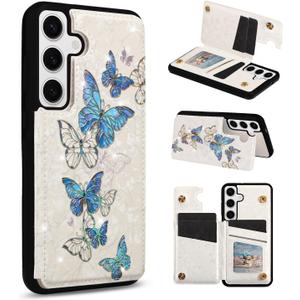UEEBAI Wallet Case for Samsung Galaxy S25 5G with Card Holders, PU Leather Cover Kickstand RFID Blocking Double Magnetic Clasp Rilievo Flower Shockproof Flip Case for Women Girls - Blue Butterfly