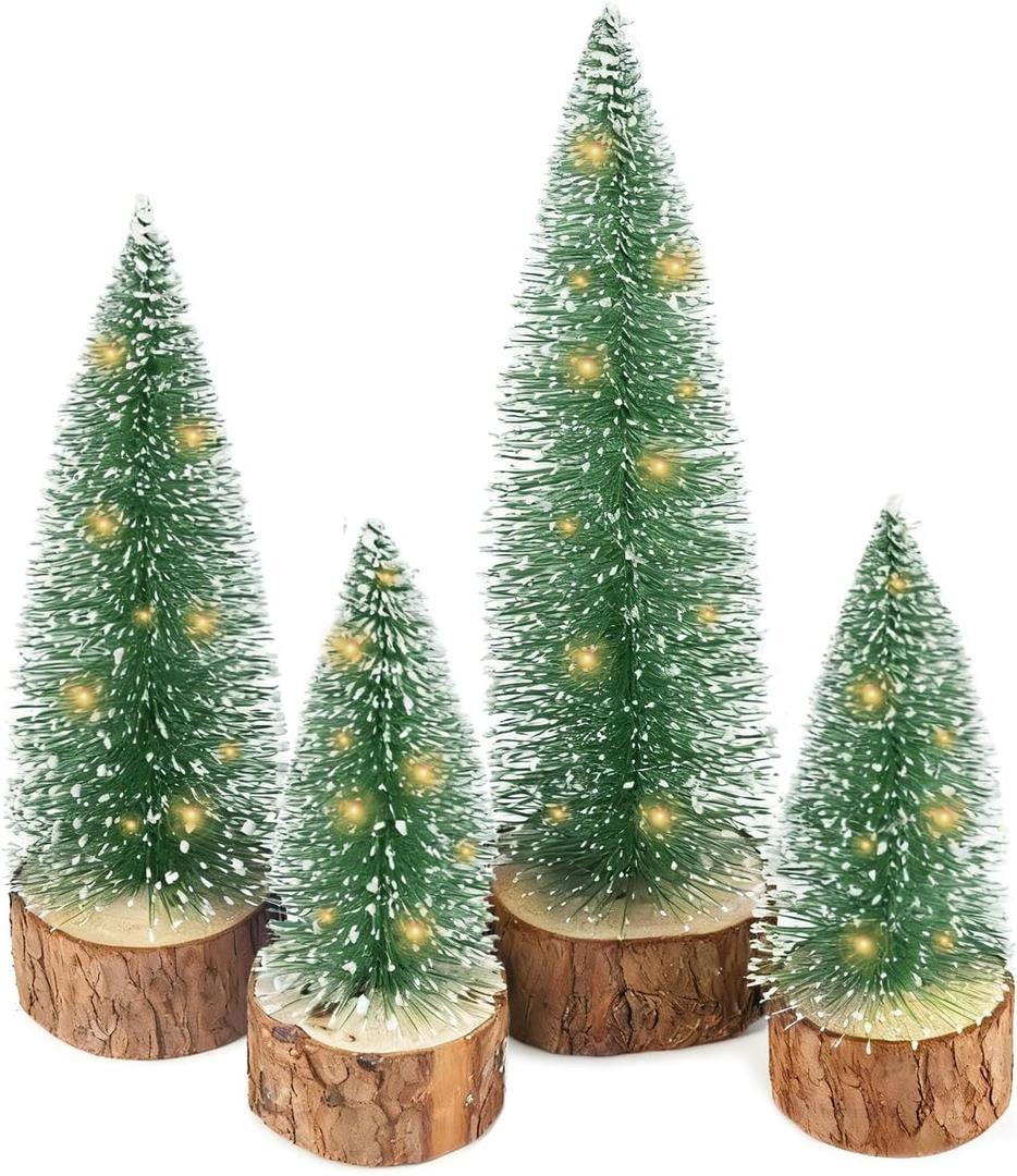 4Pcs Mini Christmas Trees with Light Small Artificial Bottle Brush Trees with Wooden Base Miniature Pine Tree Table Top Decoration for Party Home Xmas Holiday