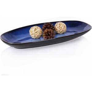 Blue Decorative Bowl 11" Long Oval Ceramic Bowl, Ocean-Inspired Accent Dish for Keys, Jewelry, Candy or Fruit, Modern Blue Decor Tray for Entryway Table, Coffee Table, Kitchen Counter or Home Decor