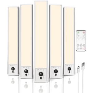 EZVALO 5-Pack Under Cabinet Lighting, 2400mAh Motion Sensor Light, LED Closet Lights Wireless, 3000K Dimmable, Timer, Magnetic, with Remote Control for Kitchen, Closet, Stair (Warm White)