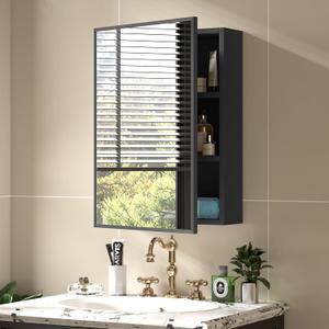 JBLCC Medicine Cabinet with Mirror (Full Assembled), 16''x22'' Aluminum Bathroom Mirror with Storage, Wall Mounted or Recessed Medicine Cabinet, Black