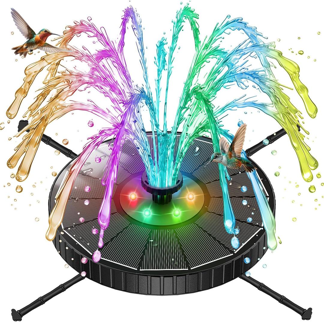 Solar Fountain with 3 Spray Height, Colorful Led Lights, 3.5W Glass Solar Bird Bath Water Fountain with 2000mAh Battery, 4 Rotating Rods and 7 Nozzles for Hummingbird Bathing, Outdoor Decor