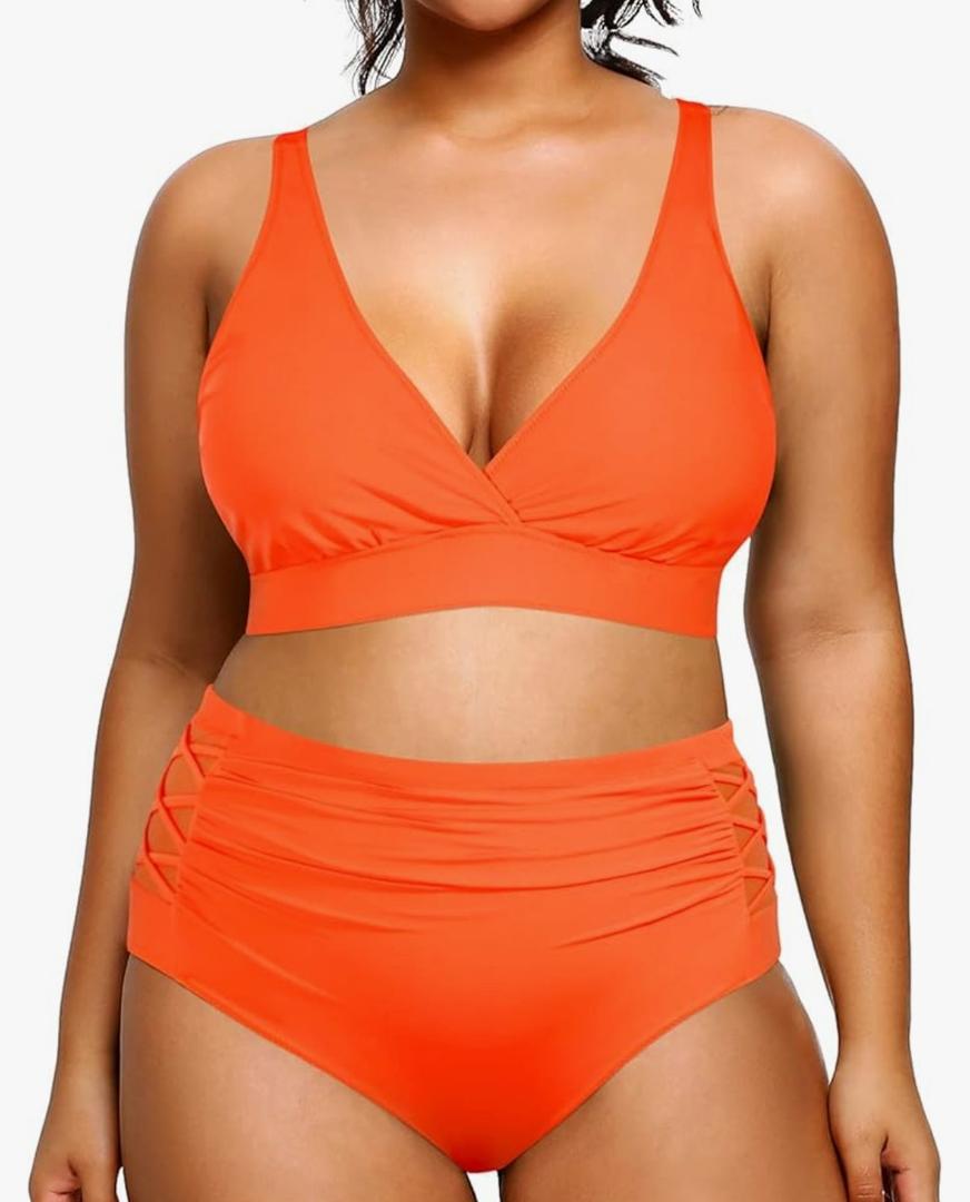 Yonique Womens Plus Size Bikini High Waisted Swimsuits Two Piece Bathing Suits Tummy Control Swimwear, 26W, Orange