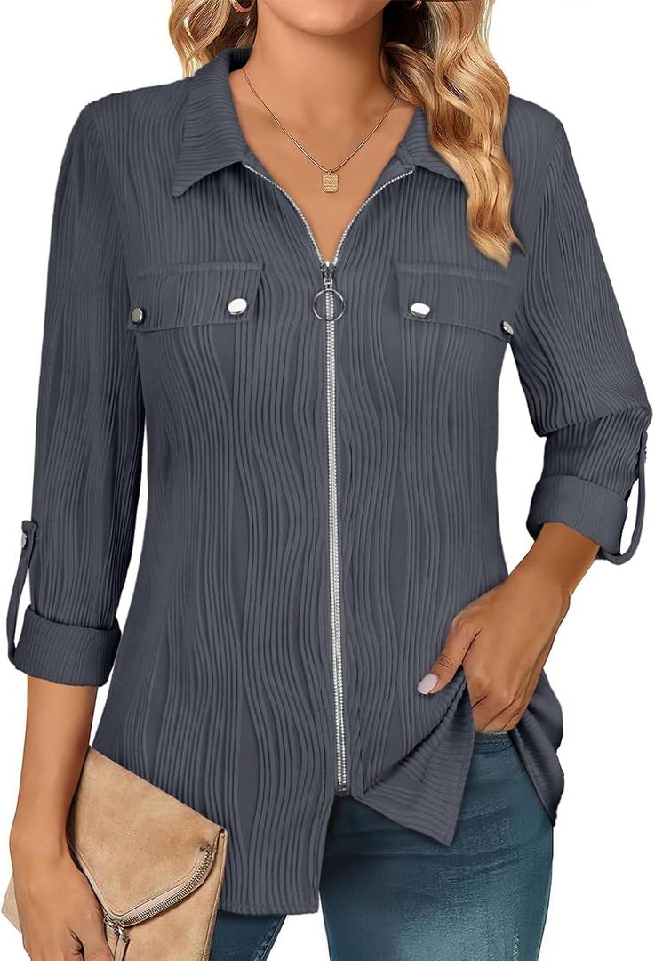 Zamowoty Womens Long Sleeve Shirts Roll Up V Neck Collared Blouses Zip Front Dressy Business Casual Tops (Gray, XXL)