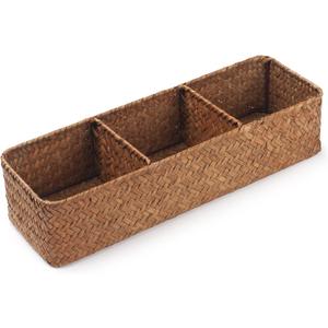 Seagrass Storage Basket 3 Sections Woven Shelf Baskets with Compartment (Natural, 14.6inch x 4.7inch x 3.1 inch)