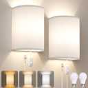Plug in Wall Sconces Set of Two: Wall Lights with On/Off Switch - Stepless Color Temperature Wall Mount Lamps - Fabric Linen Wall Sconce for Bedroom Living Room & Hallway- Indoor Corded Wall Sconces (White)