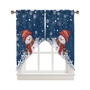 BEMIGO Christmas Kitchen Curtains, Blue Cute Snowman Farmhouse Swag Curtains, Snowflake Rod Pocket Window Valance for Kitchen, Bedroom 28" x 36",2 Panels