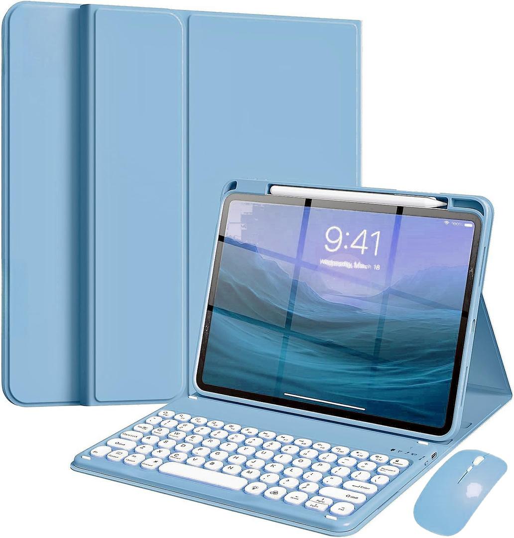 Keyboard Case with Mouse for iPad Air 11-inch(M3 2025/M2 2024)/Air 4th/5th Gen/Pro11(2022/2021/2020),Candy Round Key, Magnetic Detachable Keyboard Case with Pencil Holder, Misty Blue