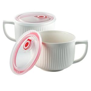 Oversized Soup Bowls with Handles, 38oz Microwave Ramen Bowl with Lid, Jumbo Soup Mug for Ramen, Noodle, Cereals, Soup Container with Lid, Dishwasher Safe - set of 2 (White)