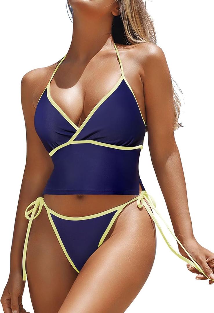 ZAFUL Women's Halter Tankini Swimsuits Cute V Neck Tummy Control Bathing Suit High Cut Tie Side Thong Tankini Set Swimwear (Medium) ZAFUL Women's Halter Tankini Swimsuits Cute V Neck Tummy Control Bathing Suit High Cut Tie Side Thong Tankini Set Swimwear (Medium)