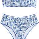WDIRARA Women's Floral Print Strapless Lace Up Bikini Swimsuit 2 Piece Bathing Suit (Medium, Blue and White)