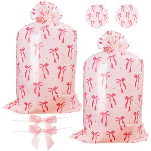 R HORSE Extra Large Plastic Gift Bags - 2Pcs Pink Bow Jumbo Gift Bags with Ropes and Tags 48" x 36" Oversized Present Wrapping Bag Giant Goodie Bag for Baby Shower Birthday Wrapping Supplies