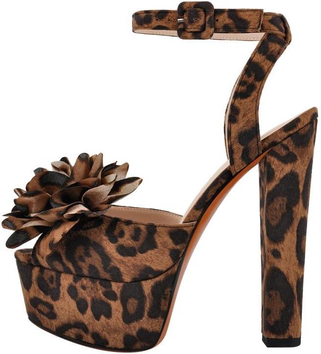 Only maker Women's Platform Chunky Heels-Floral Open Toe High Heel Sandals-Sexy Party Club and Evening Dress Shoes (6, Brown)