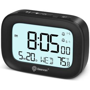 Geevon Small Travel Alarm Clock, Digital Alarm Clocks for Bedrooms Home Office, Battery Operated Desk Clock with 3 Inch Large Display, 2 Alarms, 5s Backlight, Snooze, Indoor Temperature, Black