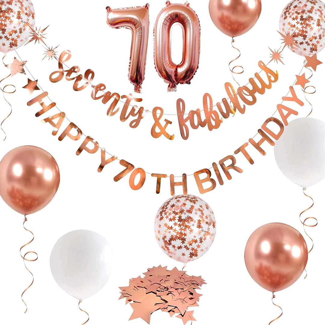 Rose Gold Seventy & Fabulous Happy 70th Birthday Banner Garland Foil Balloon 70 for Women's 70th Birthday Decorations Hanging 70 and Fabulous Cheers to 70 Years Old Birthday Party Supplies Backdrop
