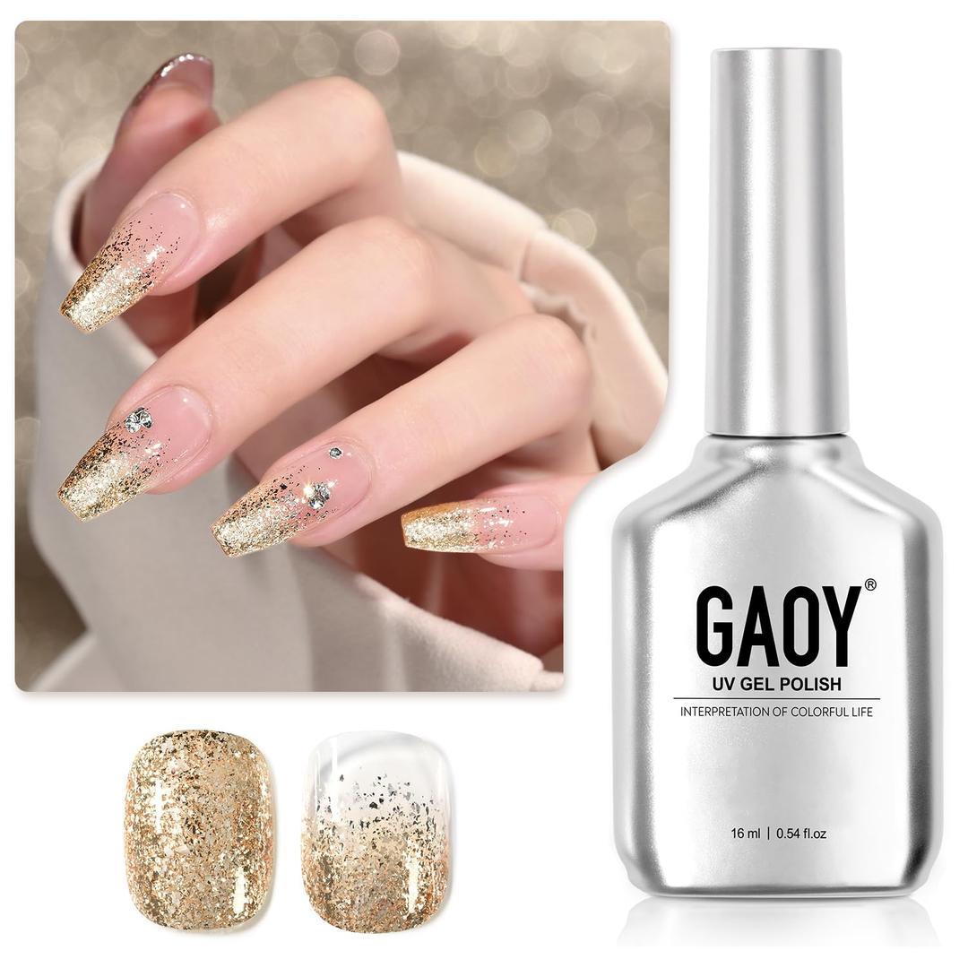 GAOY Glitter Gel Nail Polish, 16ml Gold Sparkly Gel Polish, Diamond Shiny Glitter Soak Off UV Light Cure for Nail Art DIY at Home, 1991