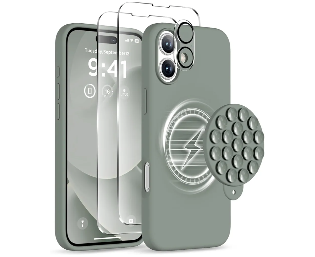 Magnetic for iPhone 16 Case, Compatible with Magsafe, Suction Cup Phone Mount, [2 Screen Protectors][Camera Lens Protector] Silicone Shockproof Protective Slim Phone Cover 6.1", Calke Green