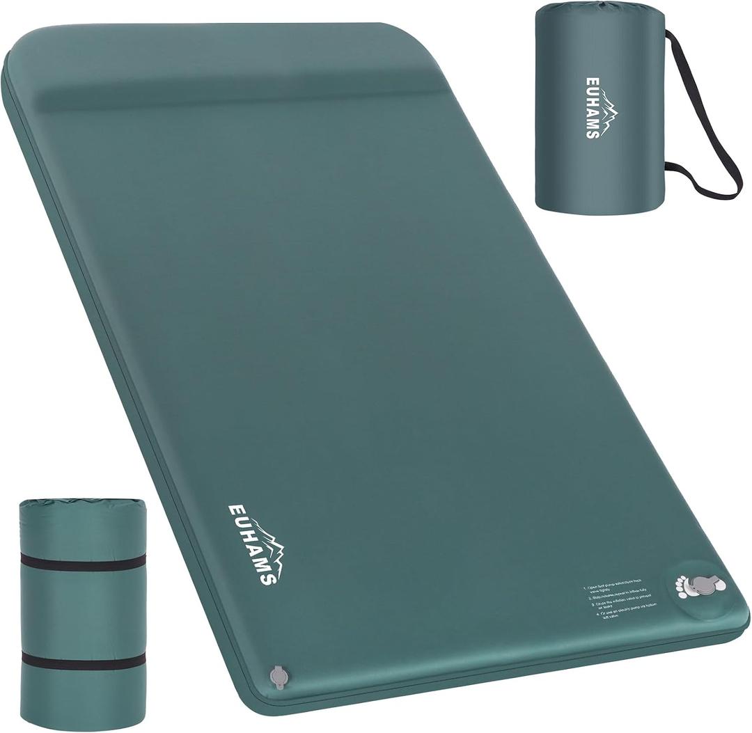 EUHAMS Camping Sleeping Pad Ultra-Thick Self-Inflating Memory Foam Mattress with Pillow, Double Camping Pad with Foot Pump, Portable 4-Season Sleeping Mat for Car, Tent & Travel, Full Size