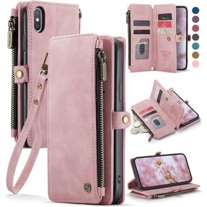 Defencase Compatible with iPhone X/XS Case Wallet with RFID Blocking Card Holder for Women Men, Fashion PU Leather Magnetic Snap Flip Zipper Strap Wallet Phone Case Fit for iPhone Xs & X, Rose Pink