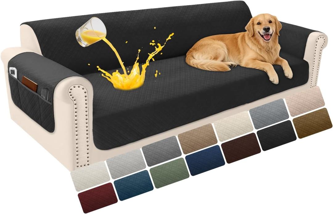 Velvet 100% Waterproof Couch Cover for Dogs Washable Sofa Covers for 3 Cushion Couch Pet Friendly Oversized Sofa Slipcovers Non Slip Furniture Protector with Pockets (XX-Large, Black)