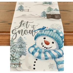 Artoid Mode Xmas Trees Let It Snow Blue Snowman Christmas Table Runner, Seasonal Winter Holiday Kitchen Dining Table Decoration for Home Party Decor 13x72 Inch