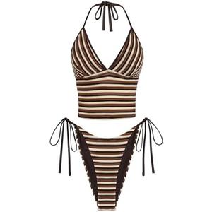 ZAFUL Striped Swim Suits for Women 2025 Halter V Neck Tankini Sets Terry Bikini High Cut Tie Side Thong Bathing Suit S