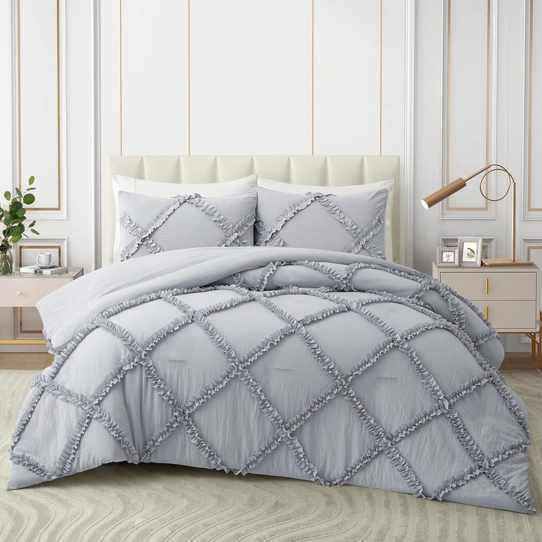 Bonlino Twin Comforter Set Soft Bedding - 2 Pcs Tufted Decor Fluffy Comforter Boho Bed in a Bag with Cute Lightweight Pillowcase for Dorm Farmhouse Bedroom Luxury Gift (Light Grey)