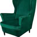 Wing Chair Slipcovers, 2 Piece Stretch Wingback Chair Cover Soft Velvet Armchair Covers with Elastic Bottom for Living Room Bedroom (Dark Green)