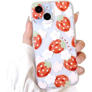 Lovmooful Compatible for iPhone 15 Case Cute Clear Oil Flower Floral Strawberry Design for Girls Women Soft TPU Shockproof Protective Girly for iPhone 15-Light Strawberry