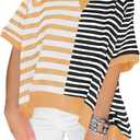 Tankaneo Womens Oversized Color Block Striped T-Shirts Summer Casual Short Sleeve Tops Trendy Loose Fit Crew Neck Tees