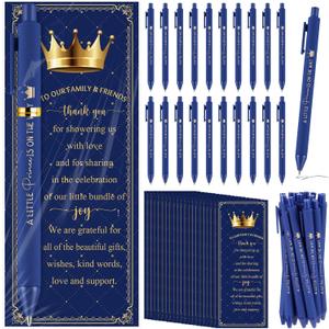 Engrowtic 50 Set Baby Shower Gifts Pens for Guests Bulk Royal Prince Baby Shower Party Favors A Little Prince is On The Way Retractable Ballpoint Pens with Thank You Cards Gender Reveal Return Gifts