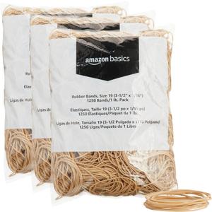 Amazon Basics Rubber Bands, Office Supplies, Size 19 (3-1/2 x 1/16 Inch), Stretchy, 1250 Bands/1 lb. Pack, 3-Pack, Tan