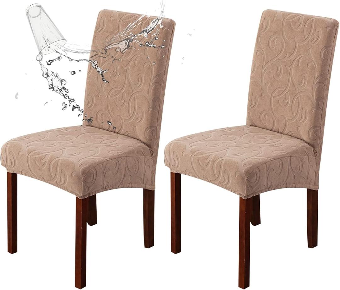 Genina Waterproof Dining Room Chair Covers 2 Pack Stretch Parsons Chair Slipcovers for Dining Room Kitchen Chair Protector Cover, Removable, Washable (2, Flower Pattern-Khaki)
