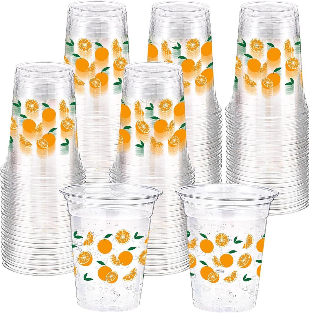 Funnymoom 60 Pcs Little Cutie Disposable Plastic Cups 16 oz Orange Floral Pattern Cold Beverage Drinking Cup Bulk Fruit Theme Cup for Baby Shower Wedding Birthday Holiday Party Supplies