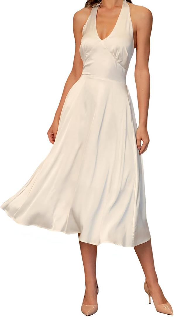 Formal Wedding Guest Dress for Women Satin Halter Midi Backless A-Line Adjustable Waist Flowy Summer (XS)
