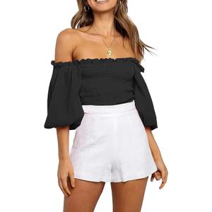 R.Vivimos Women's Summer Cotton Short Sleeves Off The Shoulder Crop Tops Ruffle Slim Blouses (Large, Black)