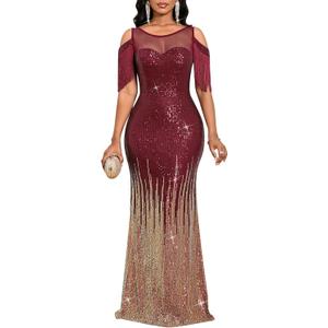 Women Cold Shoulder Sequin Evening Gown, Tassel Sleeve Gradient Formal Maxi Dress for Prom, Wedding (Medium)