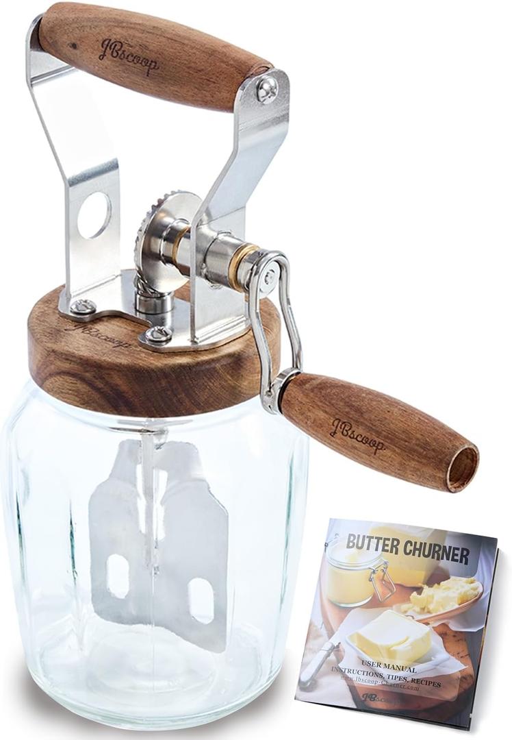 JBscoop Hand Crank Butter Churner with 2 Quarts Glass Jar, Manual Butter Maker with Stainless Steel Gear and Wide Mouth Glass Jar