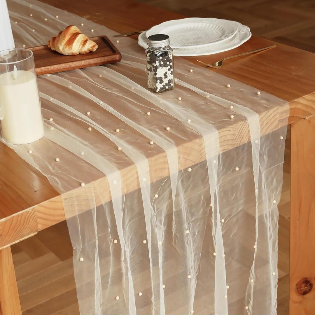 Set of 6 Pearl Table Runner 10ft, 29 * 120 Inch Champagne Table Cloth Pearl Sheer Tulle Table Cover,Pearl Table Runner for Wedding Party Baby Shower Birthday Home Decor
