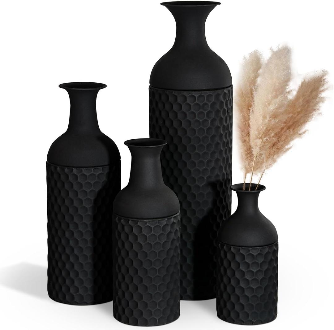Large Black Vases, 27/20/16/12 Inch Tall Floor Vase, Set of 4 Modern Honeycomb Texture Metal Flower Vase for Living Room Home Corner Hallway Decor