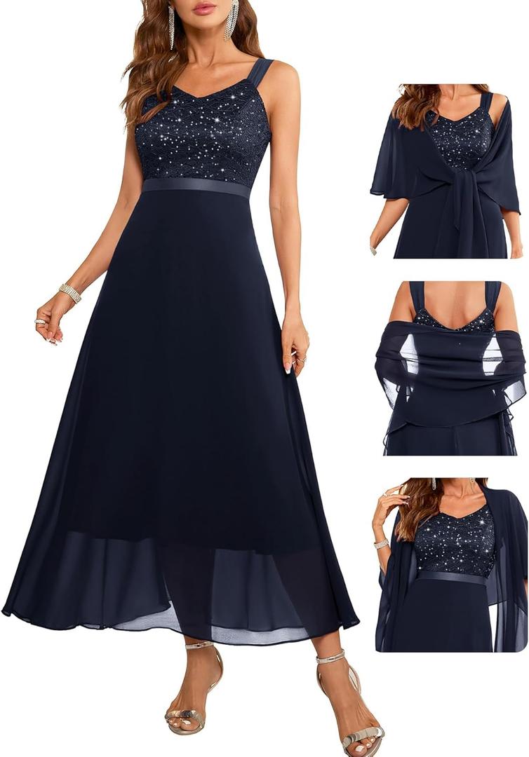 BeryLove Formal Wedding Guest Sequin Cocktail Evening Mother of The Bride Dress (Small, Navy)