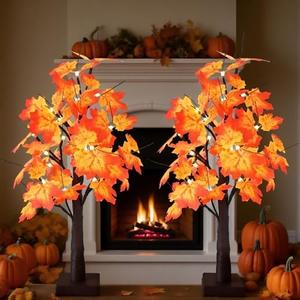 2 Pack Fall Tree with Lights - 24 LED Lights, Falls Decor 24 Inch Battery