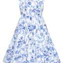 GRACE KARIN Girls Summer Floral Dress Fancy Flowy Flutter Sleeves Casual Back Bow Tie Dress, 10Y Blue and White (White)
