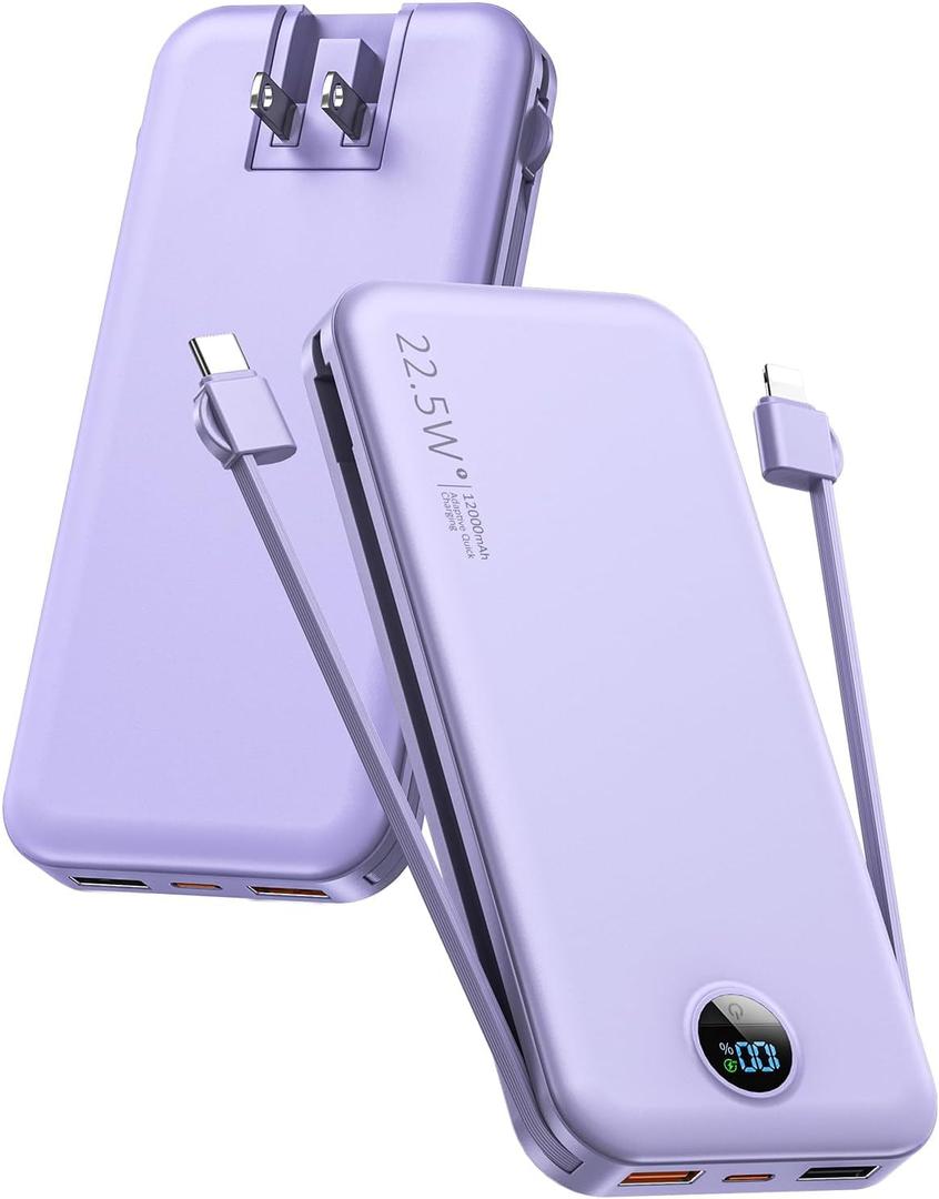 Portable Charger, 12000mAh 22.5W USB C Fast Charging Power Bank with Built-in Cables and AC Wall Plug, Smart LED Display Travel Essentials Battery Pack Compatible with iPhone, iPad, Samsung etc. Purple