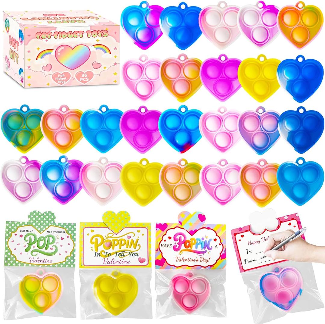 2 x 36 PCS Valentines Day Gifts Cards with Heart Pop Fidget Toys Bulk,Valentine Party Favors for Kids Mini Pop Heart Keychain,School Classroom Prizes Exchange Goodie Bag Stuffers for Toddlers Boys Girls