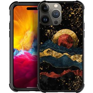 DJSOK Compatible with iPhone 15 Pro CaseDesign Pattern Back Bumper Anti Scratch Reinforced Corners Soft TPU Caver,Cases for Men Women-Luxury Golden Natural Mountain Sun and Moon