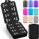 Foldable Weekly Pill Organizer 2 Times a Day with 2 Extra Compartments (Clear Printed Labels) - Portable 7 Day AM PM Medicine Box, Week Daily Travel Pill Case Holder for Vitamin, Supplement - Black