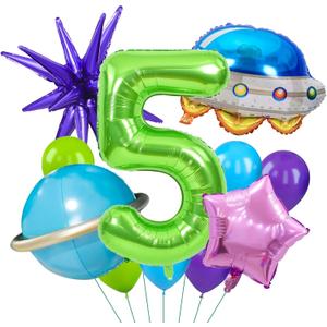 Space Themed Birthday Decorations, Green Number 5 Balloons, Purple Star and Blue Space Ship Balloon for Party Decoration (Green 5)
