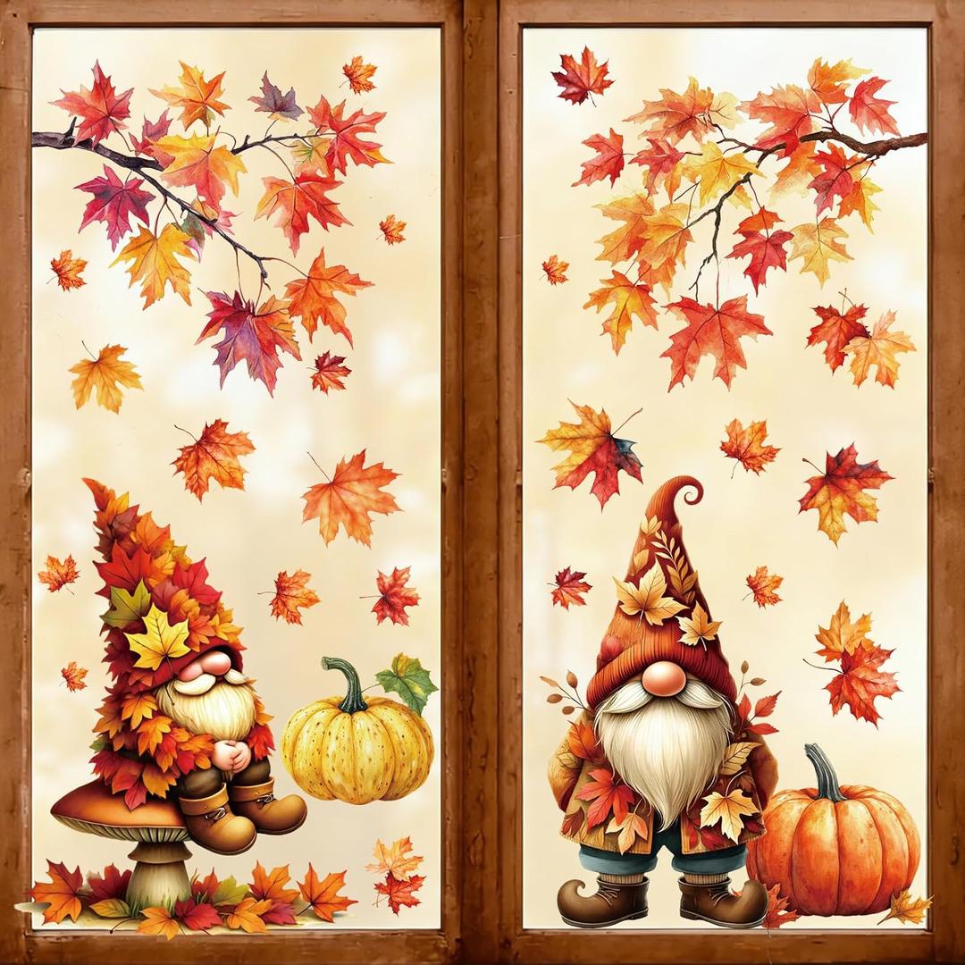 2 x Fall Window Clings Gnomes Decor Autumn Thanksgiving Stickers Decorations, Regular